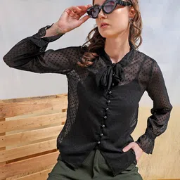 Freehand by The Indian Garage Co Self Design Tie-Up Neck Sheer Ruffled Shirt Style Top-7