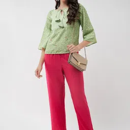 Pannkh Floral Printed Tie-Up Neck Flared Sleeve Top-image-41
