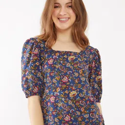 Zink London Floral Printed Square Neck Short Puff Sleeves Regular Top-image-92