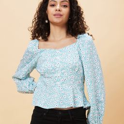 Globus Green Floral Printed Sweetheart Gathered Detailed Regular Top-image-45