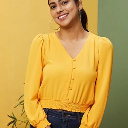 Globus Yellow V-Neck Puff Sleeve Crop Top-image-39