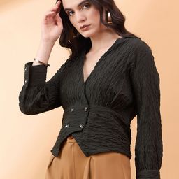 all about you Solid Self Design V-Neck Shirt Collar Wrap Top-image-16