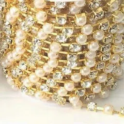 3mm cream pearl beads and clear stone mixed cup chain for embroidery,decorations,craft and jewellery making[5 meter]-image-8