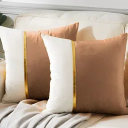 AEROHAVEN Brown & White 2 Pcs Colourblocked Velvet Square Cushion Covers-9