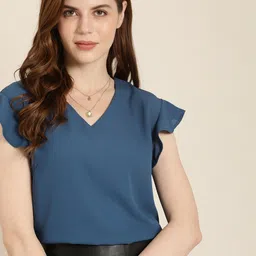 her by invictus Teal Blue V-Neck Top With Flutter Sleeves-image-16