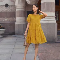 all about you Mustard Yellow Self-Design Puff Sleeves Puff Sleeves A-Line Dress-picture-46