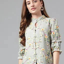 Latin Quarters Floral Printed Mandarin Collar Roll-Up Sleeves Shirt Style Top-picture-19