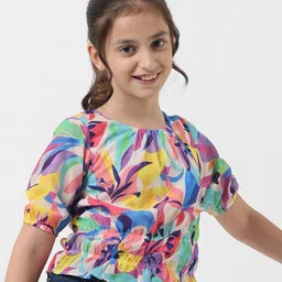 Vero Moda Abstract Printed Puff Sleeves Cinched Waist Top-image-9