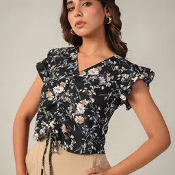 June 9 Clothing Women V-Neck Ruched Floral Printed Flutter Sleeves Top-picture-15