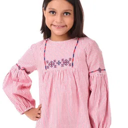 Miyo Red & White Stripe Print Bishop Sleeves Top-image-90