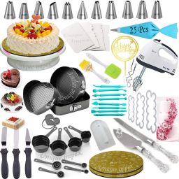 3 Pcs Cake Moulds(Heart/Round/Square)+ Cake Turn Table Stand + 12 Piece Cake Decorating Set With 25 Pcs disposable Piping Bag + 8 Pcs Black Measuring Cups And Spoon + Silicone Spatula and Brush Set + 4 Pcs Scraper + Electric Hand biter + Stainless Steel Cake Cutting Knife and Server Set with Clear & transparent handle like Crystal + Cake Smoother + 3 Pcs Multi-Function Stainless Steel Cake Icing Spatula Knife Set (All Product Washable & Reusable) Kitchen Tool Set-image-12