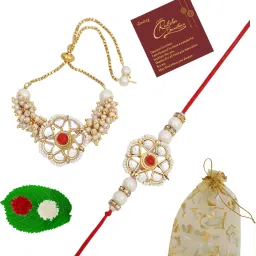 Bhaiya Bhabhi Rakhi for Brother and Lumba Bracelet for Bhabhi with Designer Kundan Pearls (Set of 2) with Roli Chawal, Raksha Bandhan Greeting Card and Beautiful Printed Potli bag, White Red… Assorted Rakhi, Chawal Roli Pack, Lumba, Greeting Card Set-19