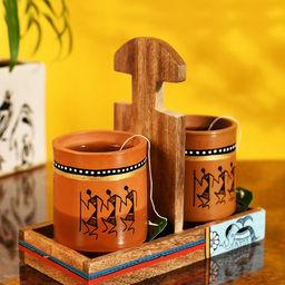 AAKRITI ART CREATIONS Brown 2 Earthen Ceramic Mugs With Cup Holder-45