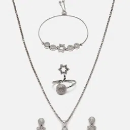 Aazeen Rhodium-Plated American Diamond Studded Star Shaped Jewellery Set-image-57