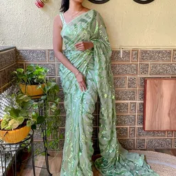 Mitera Green Embellished Sequinned Poly Georgette Saree-image-87