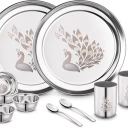 classic essentials Pack of 10 Stainless Steel Dinner Set|Serves 2 People|Heavy Gauge|Kitchen Set|Permanent Laser-Peacock Dinner Set-picture-5
