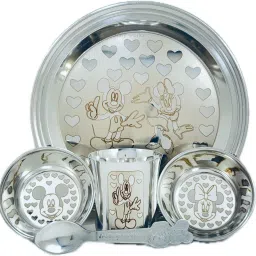 Pack of 5 Stainless Steel S.S Laser Cartoon Printed Baby Dinner Set Pack Of 5 Medium Size For Kids Dinner Set-23