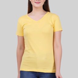 Womens V Neck Half Sleeve Women Solid Polo Neck Pure Cotton Yellow T-Shirt-image-71