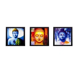 eCraftIndia Set Of 3 Orange & Blue Meditating Buddha Satin Matt Texture UV Wall Art-image-76