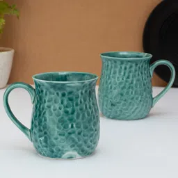 CLAY CRAFT Set of 2 Blue Hammered Ceramic Glossy Mugs-36