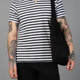 Shein Notched Neck Short Sleeves Striped Tshirt-image-80