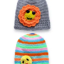 CHUTPUT Kids Grey & Orange Knitted Crochet Beanie-image-69