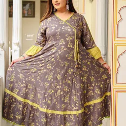 YASH GALLERY Women Grey & Yellow Ethnic Motifs Printed Gotta Patti Anarkali Kurta-picture-44