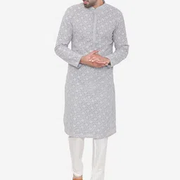 Manyavar Men Grey & White Embroidered Kurta with Churidar-image-42