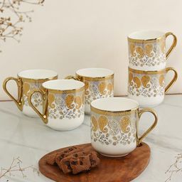 Femora Gold Toned & White 6 Pieces Ethnic Motifs Printed Bone China Glossy Cups 180ml-24