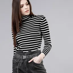 tokyo talkies Women Striped Turtle Neck Black, White Sweater-picture-33