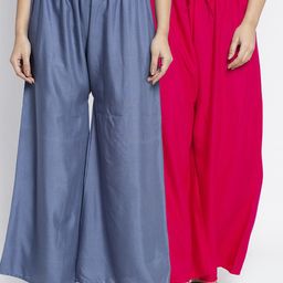 Jinfo Women Set of 2 Grey & Magenta Flared Knitted Ethnic Palazzos-7