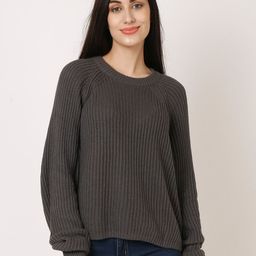 NoBarr Women Grey Ribbed Raglan Sleeves Cotton Pullover-image-78