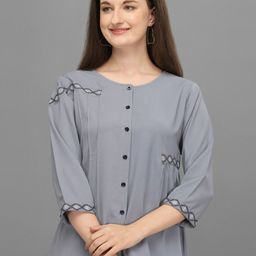 Prettify Women Grey Geometric Embroidered Bishop Sleeves Polyester Top-23