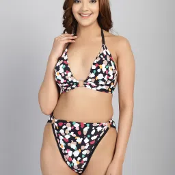 CUKOO Padded Multicolor Printed Two piece Bikini Swimwear Printed Women Swim-dress Black Swimsuit-image-3