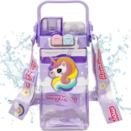 Unicorn Kid's Water Bottle & Adjustable Strap – Cute Double Drinking Straw Cup 520 ml Bottle-image-61