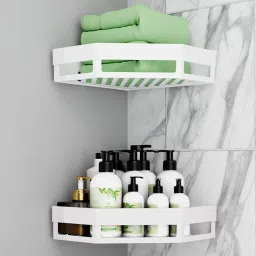 2 Storage Rack Bathroom Organiser Rack Adhesive Sticker Bathroom Corner Plastic Wall Shelf-image-75
