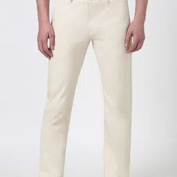 peter england Men Regular Fit Cream Cotton Blend Trousers-picture-24