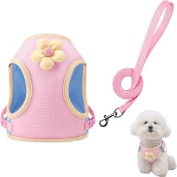Cat Harness Vest with 59 inch Leash Pink Flower Mesh Vest Quick Release Buckle M Cat Harness & Leash-image-7