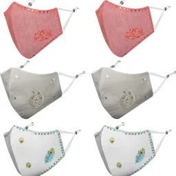 Anti-Pollution, Anti-Bacterial (BFE>99%) 4 Layer Embroidered, Designer, Fashionable & Protective 100% Cotton Cloth Face Mask for Women, Girls with Size Adjustable Ear Loops & Mask Bag Linen-Lotus_Combo_Medium_06 Reusable, Washable Cloth Mask With Melt Blown Fabric Layer-6