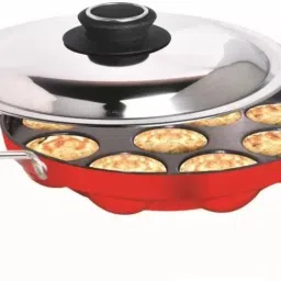 CREW4 Non-Stick 12 Cavity Appam Patra Side Handle with lid, Color Red Paniarakkal with Lid 0.26 L capacity 24.5 cm diameter-24