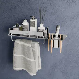 All-in-One Bathroom Accessories Shelf/Rack with Chrome Finish – Soap, Tumbler & silver Towel Holder-22