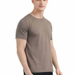 Men Solid Round Neck Pure Cotton Beige T-Shirt-image-39