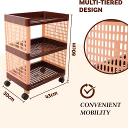 homestic Pack of 6 Multipurpose 3-Layer Storage Trolley Rack with Wheels | Brown Plastic Kitchen Trolley image 3