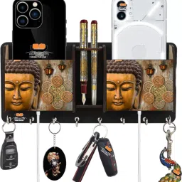Designer Buddha Wooden 2 Pocket Mobile and Pen holder 8 Hooks Wood Key Holder-5