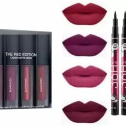 swenky Liquid Matte Lipsticks 4pc red edition plus 3 longlasting eyeliner (red, 33 g)-17