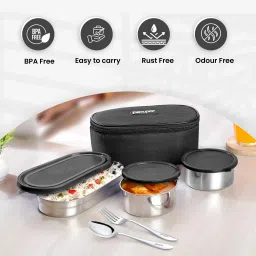 pexpo Delight Steel with 2 Round Containers (2*280ml) and Roti Box (400ml) and Spoon 3 Containers Lunch Box image 4