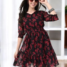 Women Fit and Flare Black, Red Above Knee/Mid Thigh Length Dress-image-28