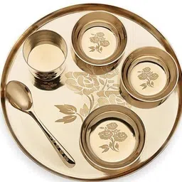 utensil villa Pack of 6 Bronze Pure Kansa Dinner Thali Set of 6 pcs, flower Design 10 Inch Weight-1400g Dinner Set-picture-36