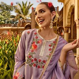 Ishin Floral Embroidered Thread Work Silk Chiffon Straight Kurta with Trousers & Dupatta-13