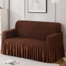 HOKIPO Brown Stretchable Triple Seater Bubble With Frill Sofa Cover With Arms-image-27